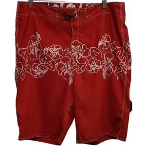 Point Zero Men's Red & White Hawaiian Hibiscus Board Shorts Size XL